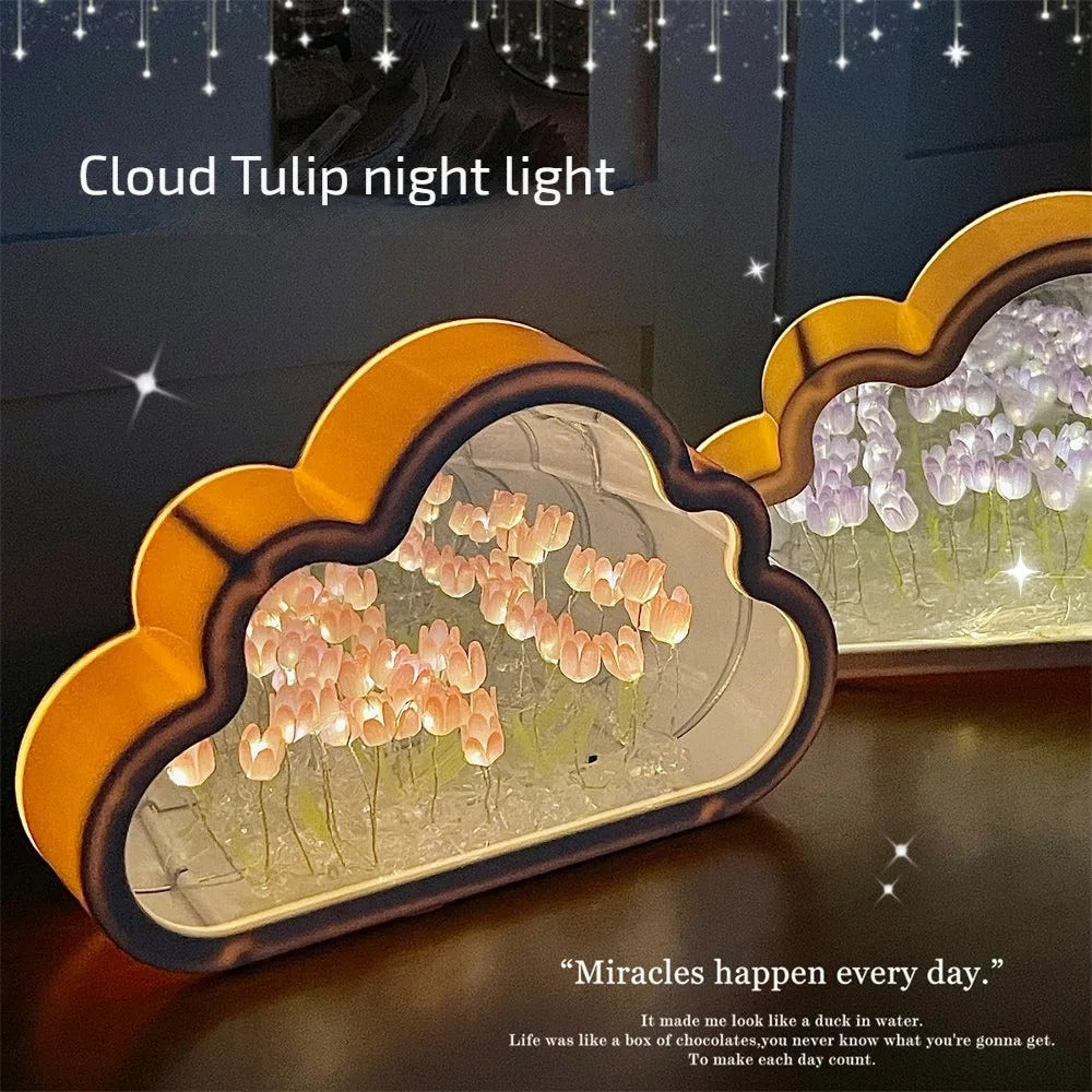 Cloud-Shaped Tulip Night Light Mirror Lamp