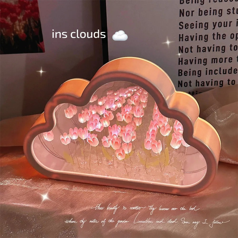 Cloud-Shaped Tulip Night Light Mirror Lamp