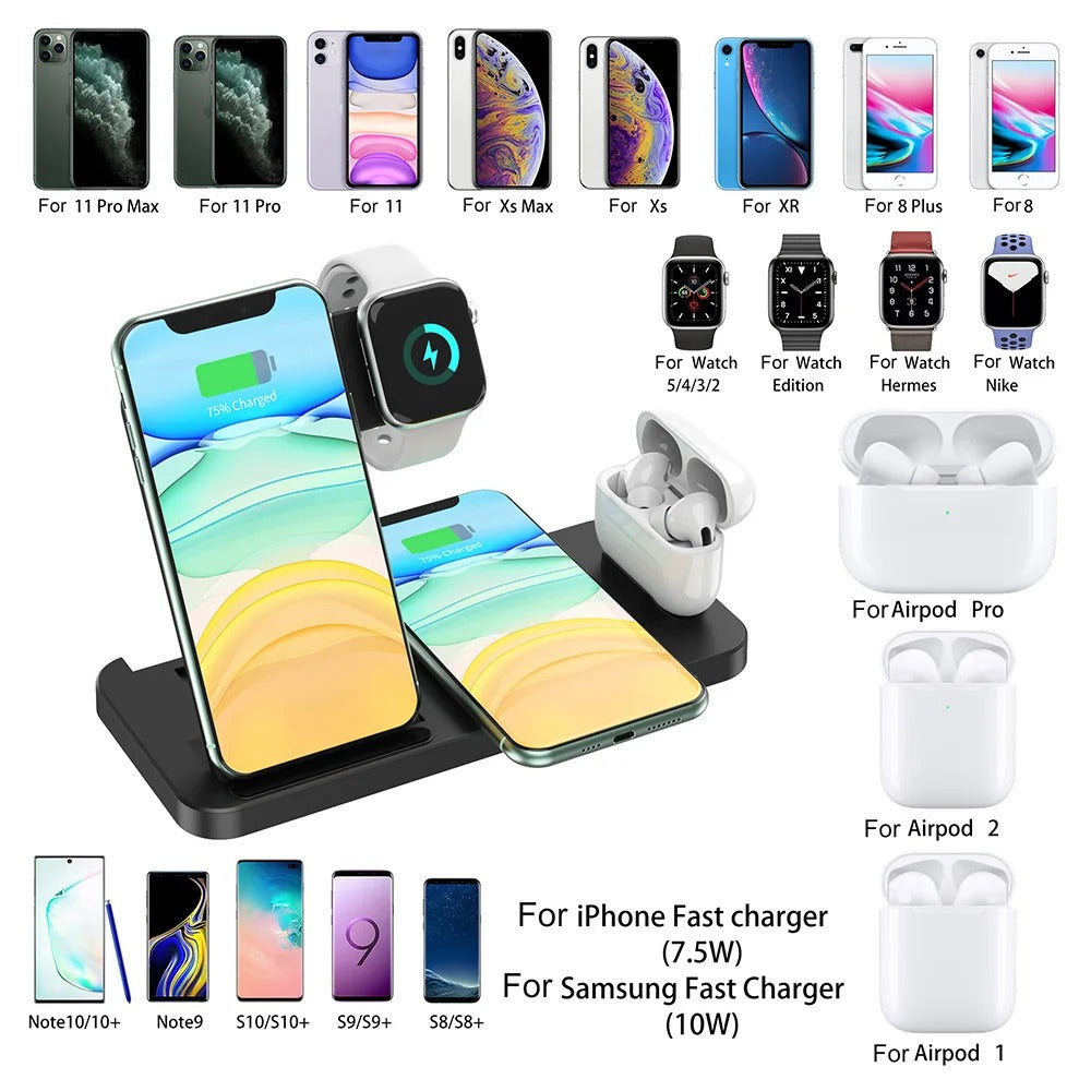 4 in 1 Wireless Fast Charging Stand for iPhone 14, 13, 12, 11, X, 8, Apple Watch 7, 6, Airpods Pro and Samsung Galaxy